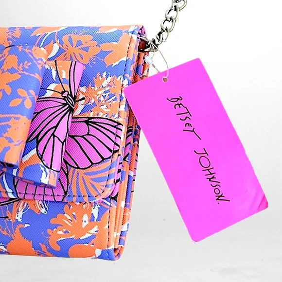 Betsey Johnson Crossbody Wallet Orange Blue Patent Printed Butterflies - Picture 6 of 8